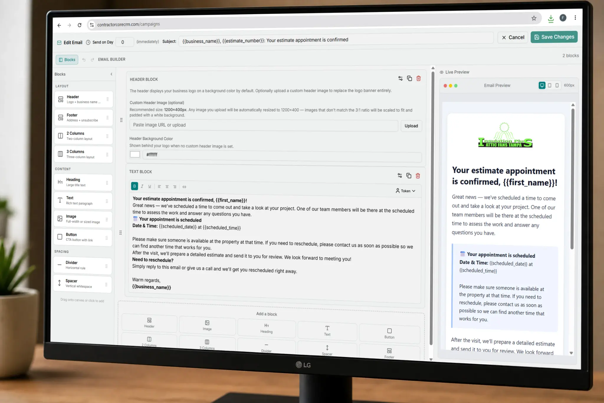 CRM Software For Contractors With An Email Campaign Builder - Contractor CRM Email System - CRM For Contractors — LG monitor showing the ContractorCore drag-and-drop email builder with a live preview of a branded email
