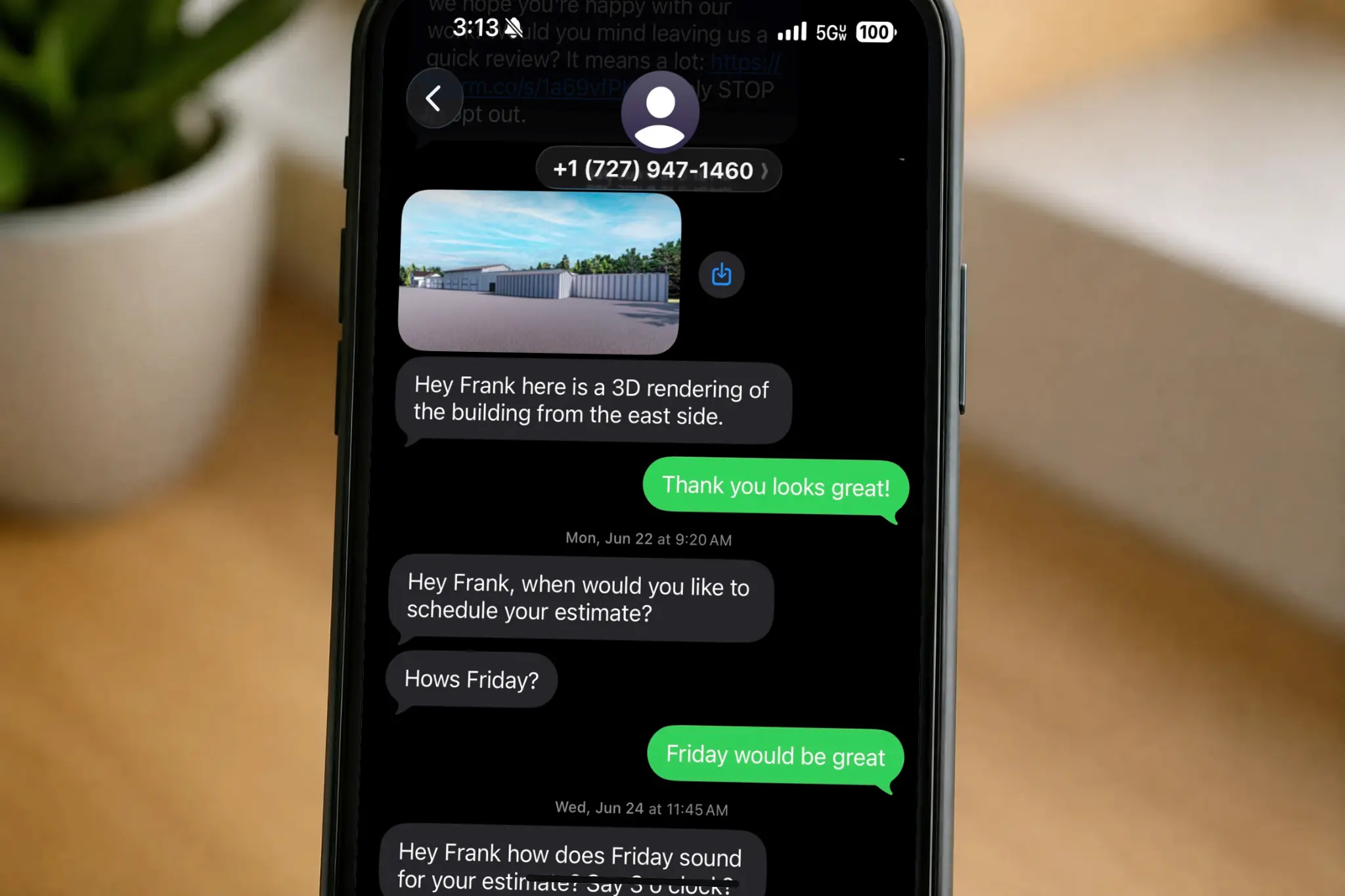 CRM Software That Offers MMS Sending and Receiving For Contractors - CRM Software For Contractors With Picture Messages — iPhone showing an MMS conversation with a contractor including a photo sent via text message