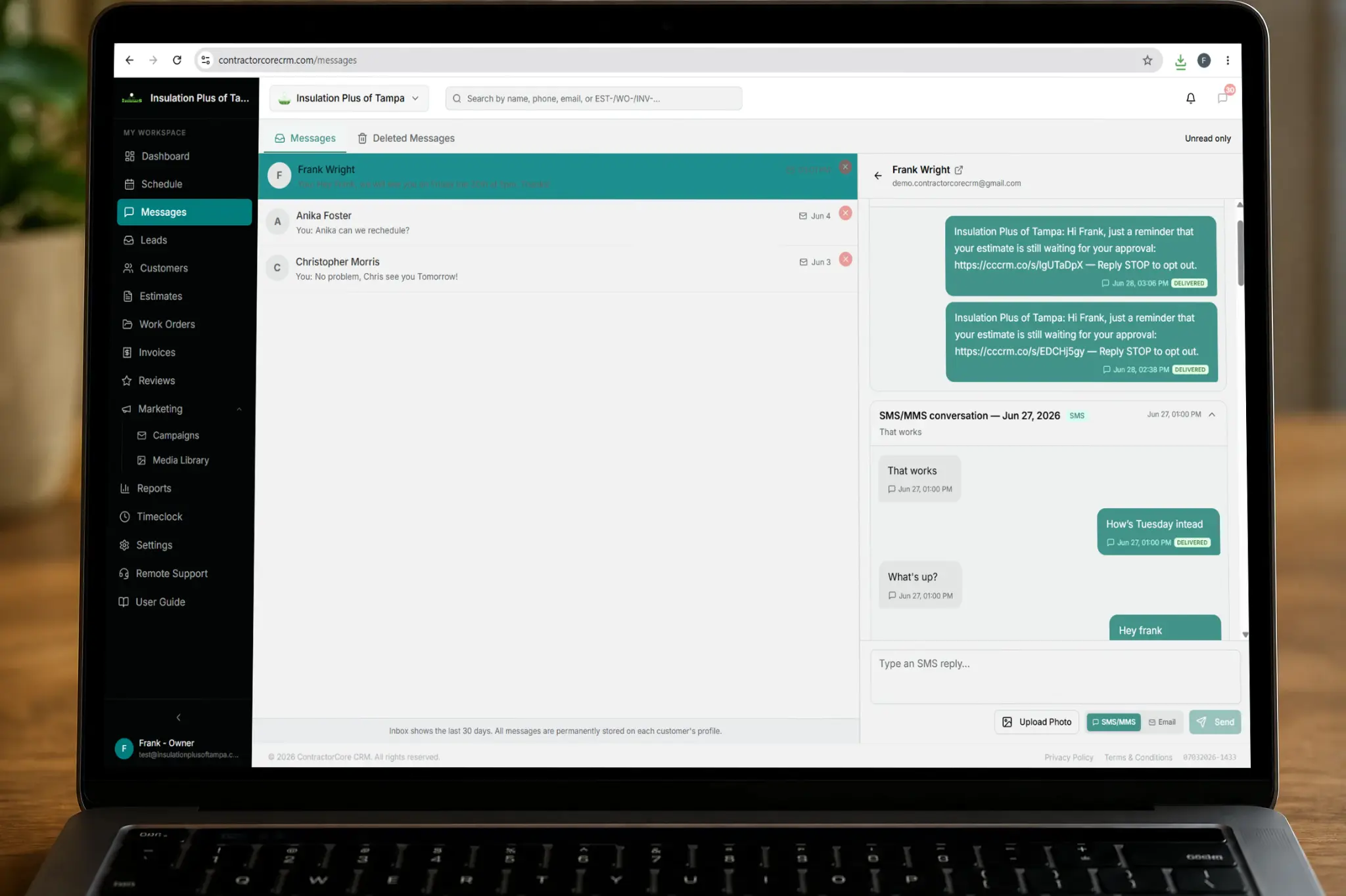 CRM Software With 2-Way SMS - Contractor CRM Software With Text Messaging - CRM Software For Contractors With Texting — ContractorCore Messages inbox on a laptop showing 2-way SMS conversations with customers