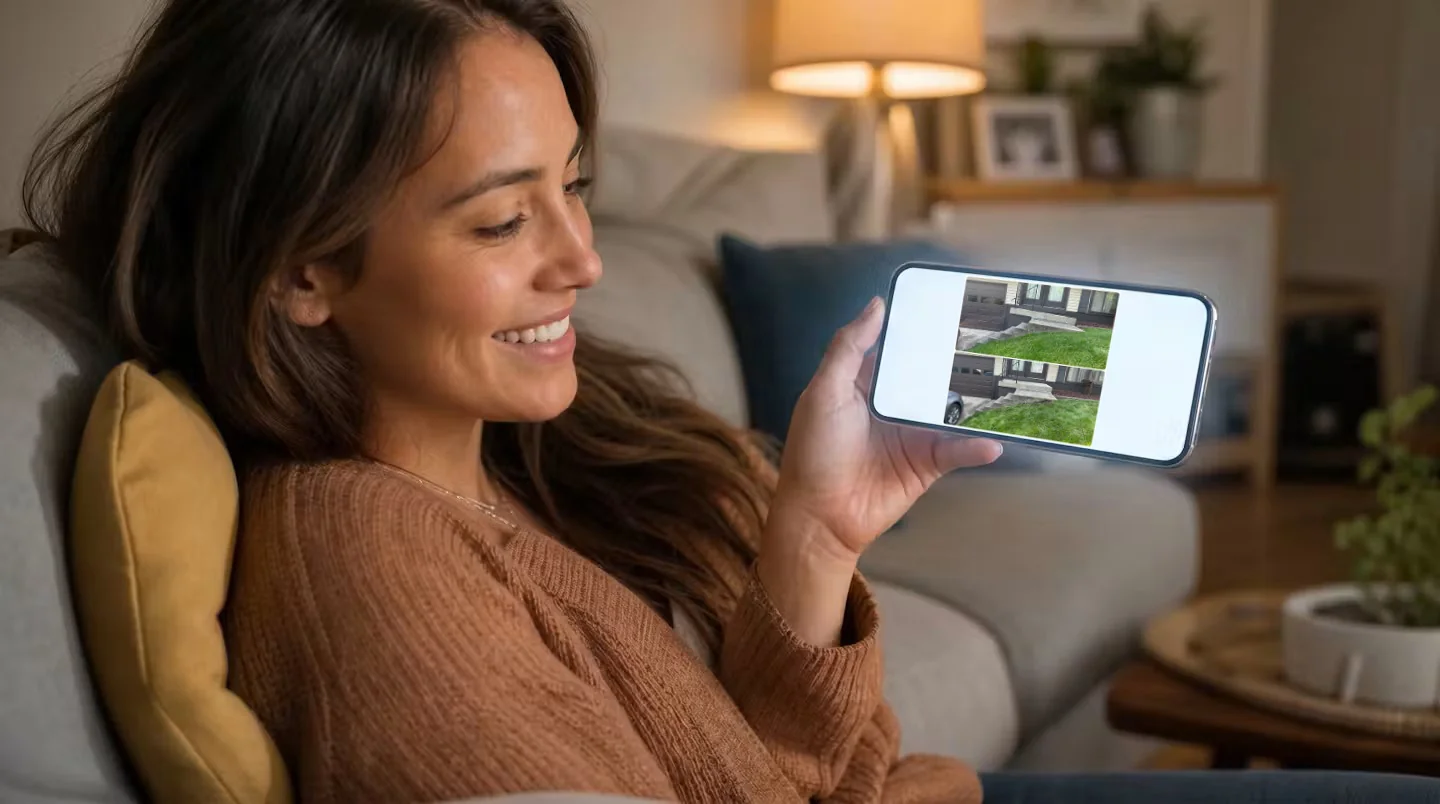 CRM Software With Before and After Photo Creator - Before And After Creator For Contractor - Before and After Software For Contractors — smiling homeowner sitting on a couch viewing a before and after composite photo of their property on a smartphone