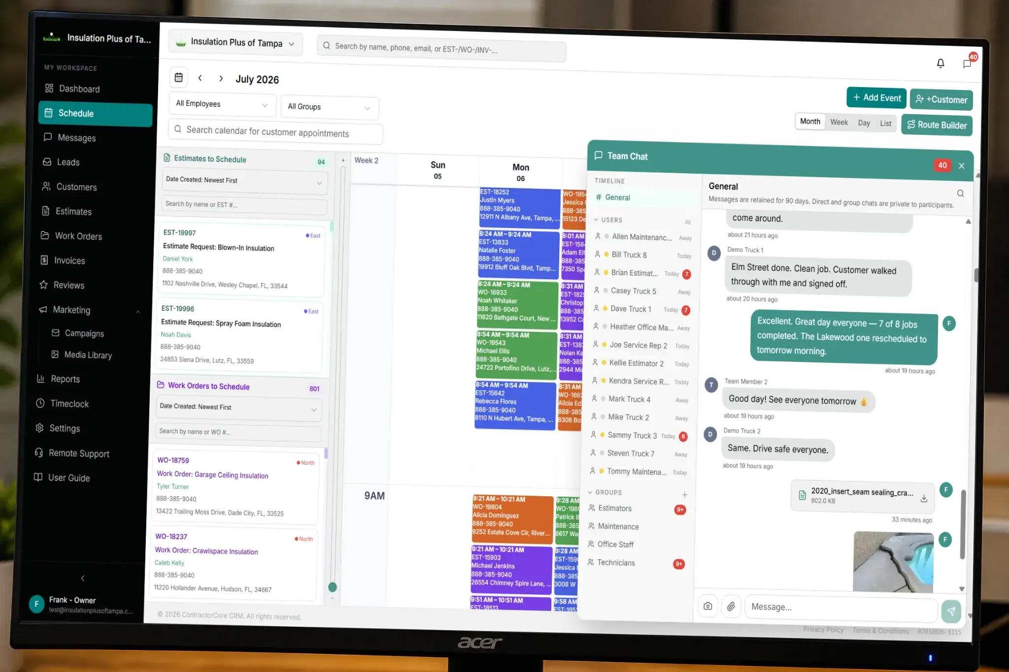 CRM software with employee chat showing team chat panel open on the schedule calendar — CRM Software With Team Chat, Contractor CRM Software, Business Management Software For Contractors