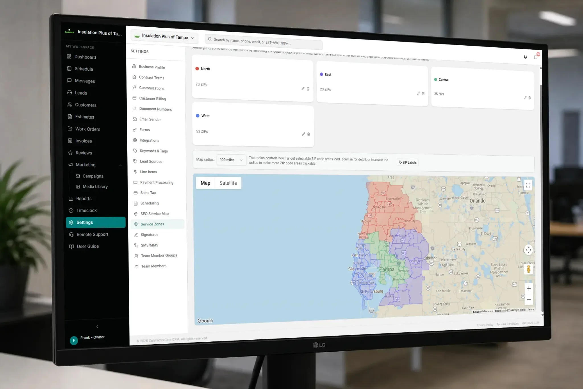 CRM Software With Service Areas - Scheduling Software With Service Areas - CRM Software For Contractors — CRM software service zones settings page showing North, East, Central, and West zones on a Google Map