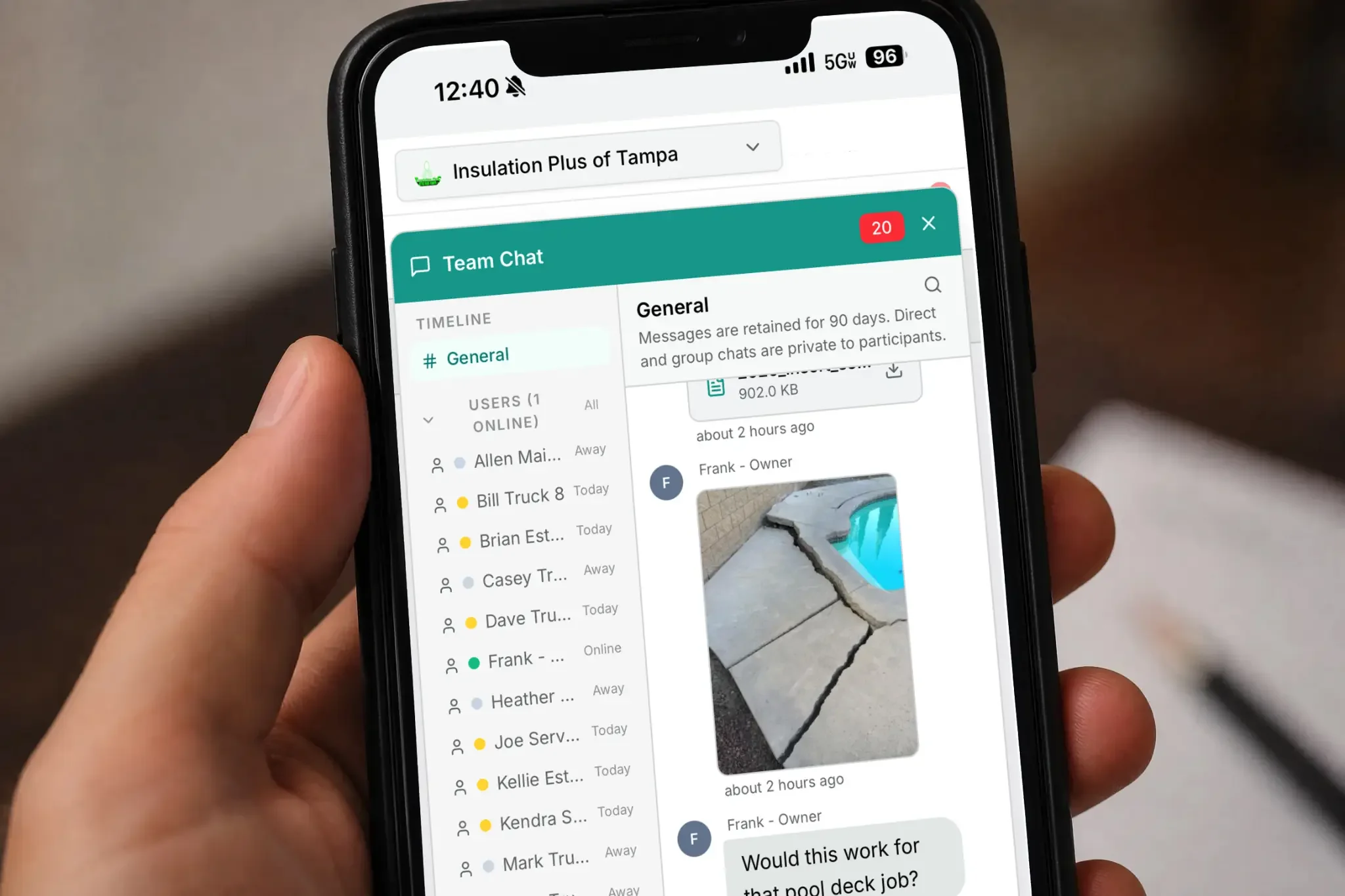 CRM team chat on a mobile phone showing photo shared in a group channel — CRM Team Chat On Mobile Phone, Contractor CRM Software, CRM Employee Chat On Phone