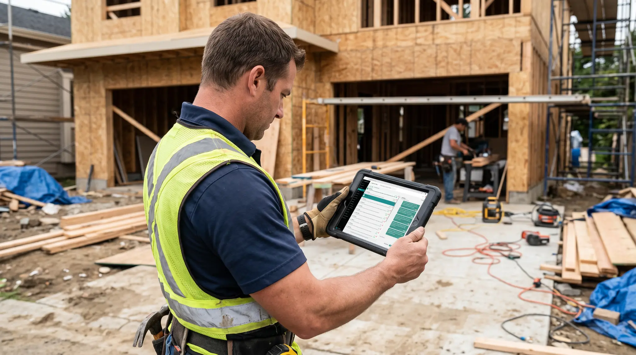 CRM With A Messages Inbox - CRM Software For Contractors - CRM With Centralized Messaging — desktop monitor showing the ContractorCore unified Messages inbox with customer SMS and email threads on the left and a conversation open on the right