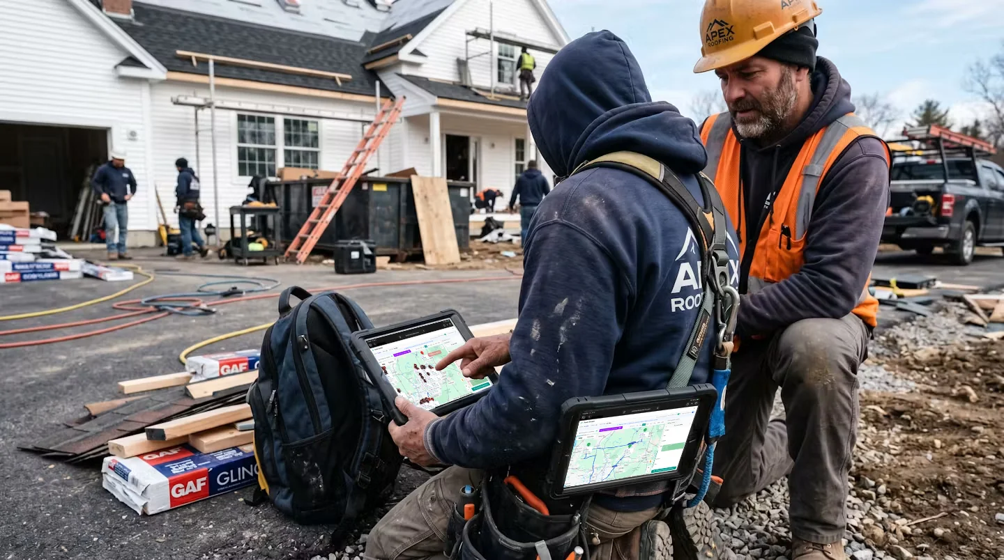 Construction Project Route Scheduler Software - Construction Routing Software - CRM For Contractors - Construction Schedule Builder — two construction workers on a job site reviewing the ContractorCore Route Builder on a tablet