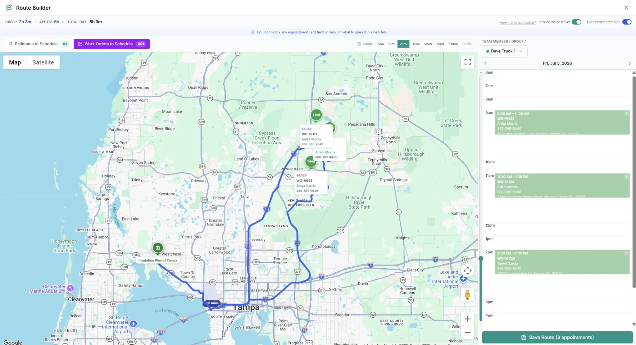 Construction Work Order Scheduling Software - Construction Management Software - Contractor CRM Software - Appointment Route — ContractorCore Route Builder showing an optimized multi-stop driving route with appointments on the schedule panel