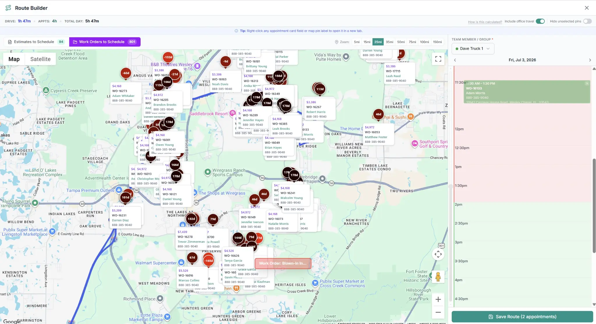 Construction Work Order Scheduling Software - Construction Management Software - Contractor CRM Software — ContractorCore Route Builder map showing hundreds of work order pins across Tampa Bay area