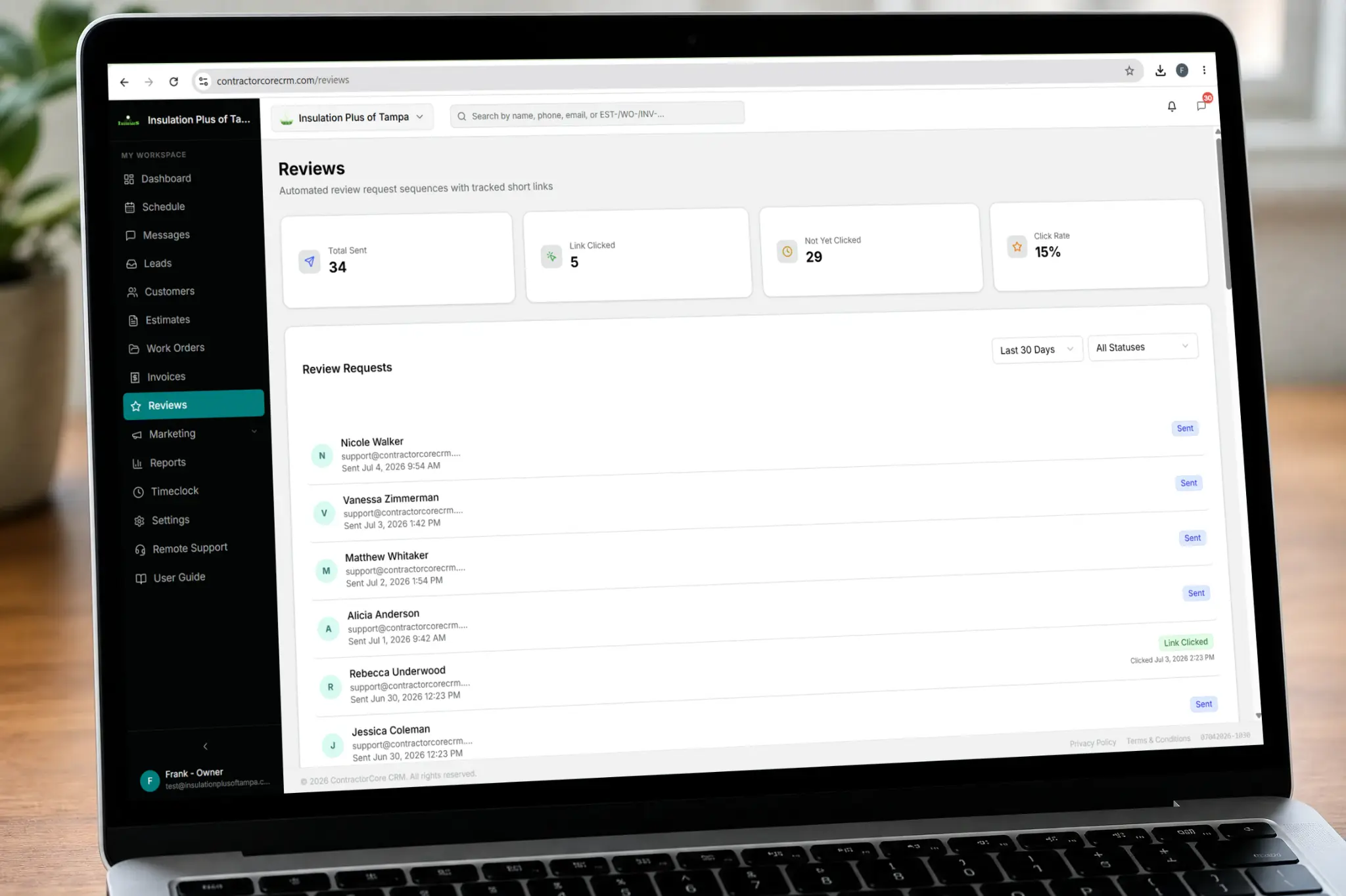 Contractor CRM For Review Automation - Contractor CRM With Review Generation - CRM Software For Contractors — laptop showing the ContractorCore Reviews dashboard with automated review request tracking, click rates, and sent statuses