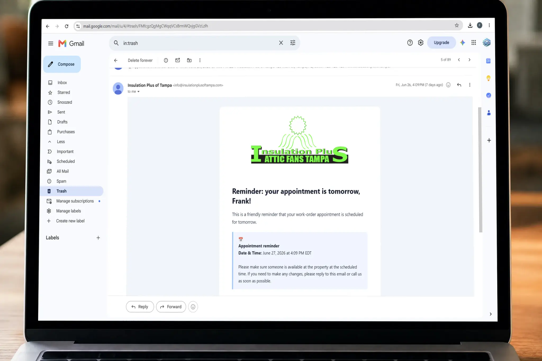 Contractor CRM With Closed Loop Emails - CRM Made For Contractors - CRM Made By Contractors For Contractors — Gmail inbox showing a branded appointment reminder email from a contractor sent through ContractorCore CRM