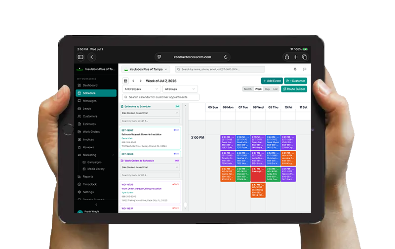 Concrete Contractor Holding Schedule - Contractor CRM Software - Contractor Scheduling Software With Service Areas — concrete contractor on a job site holding a phone showing the ContractorCore schedule