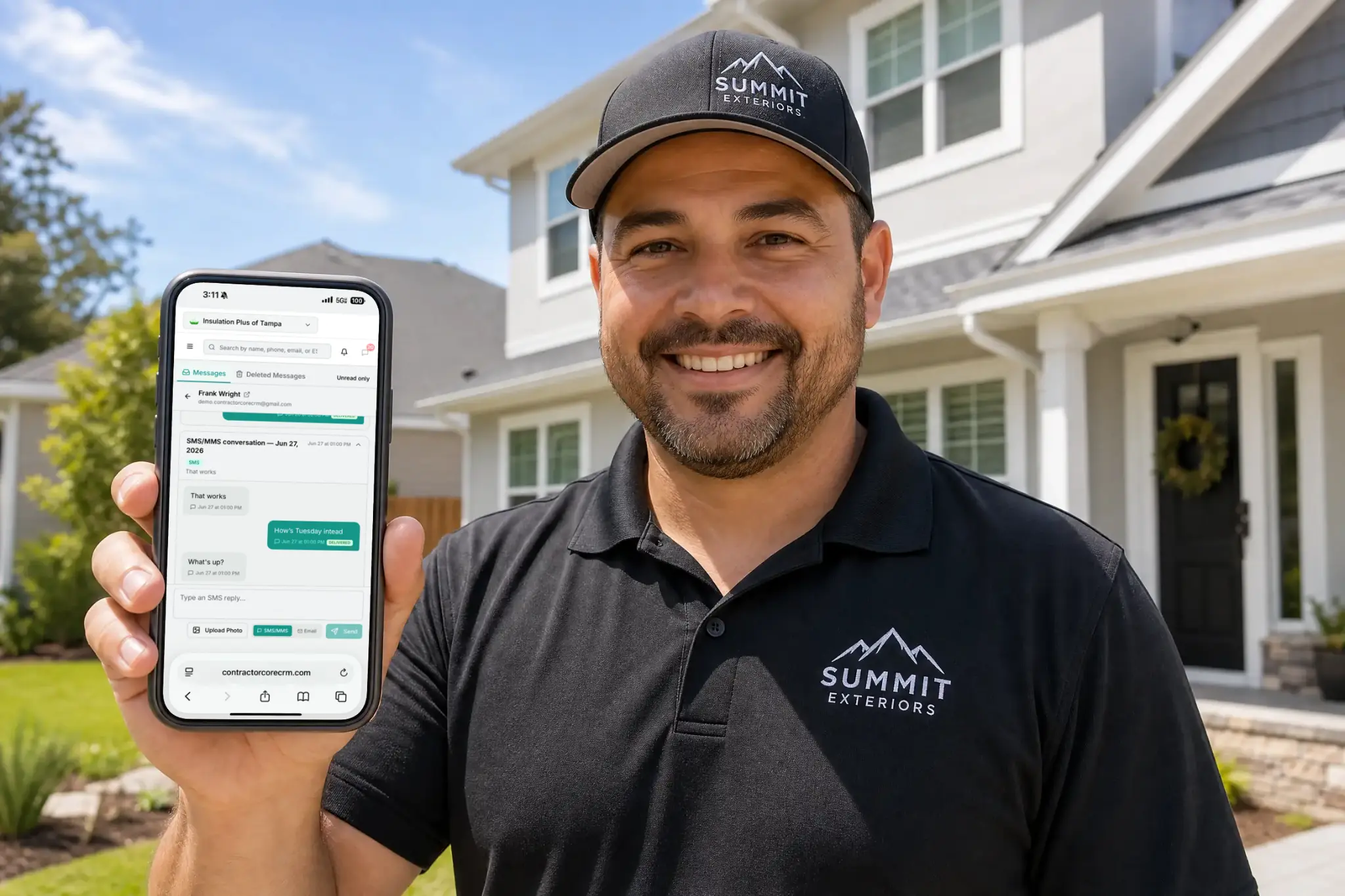 Contractor Software That Offers Texting - Contractor CRM With 2-Way SMS - Contractor CRM With Texting — contractor in a polo shirt holding a phone showing the ContractorCore 2-way SMS Messages inbox