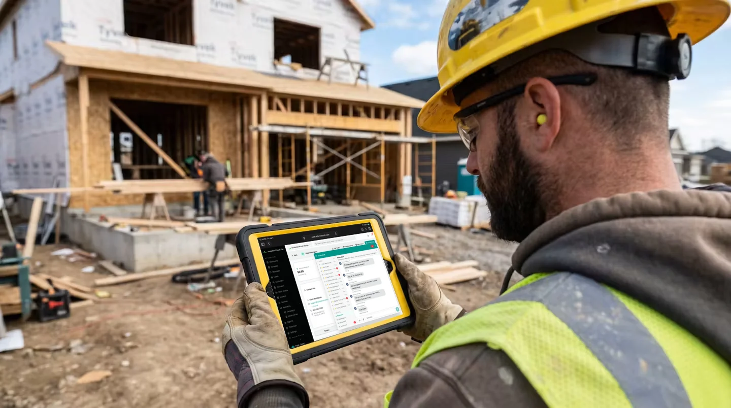 Contractor using a rugged tablet on a job site with internal team chat open in CRM software — Internal Chat on CRM Software For Contractors, Contractor Team Chat Software, CRM Software For Contractors