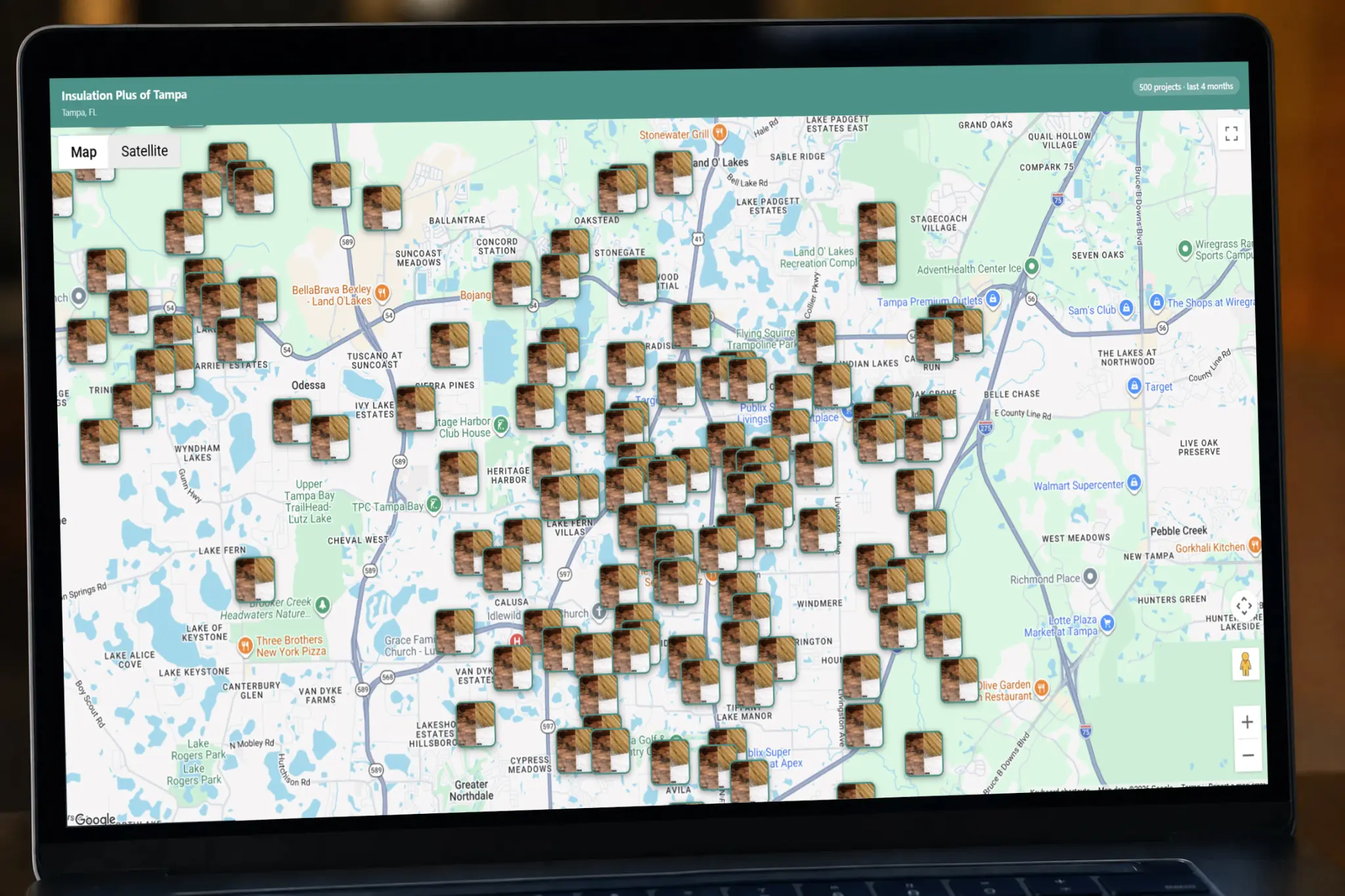 SEO Before and After Map - CRM Software For Contractors - SEO Friendly Service Map — laptop screen showing the ContractorCore SEO Showcase Map with hundreds of before and after photo pins clustered across a city service area, demonstrating local SEO coverage for a contractor business