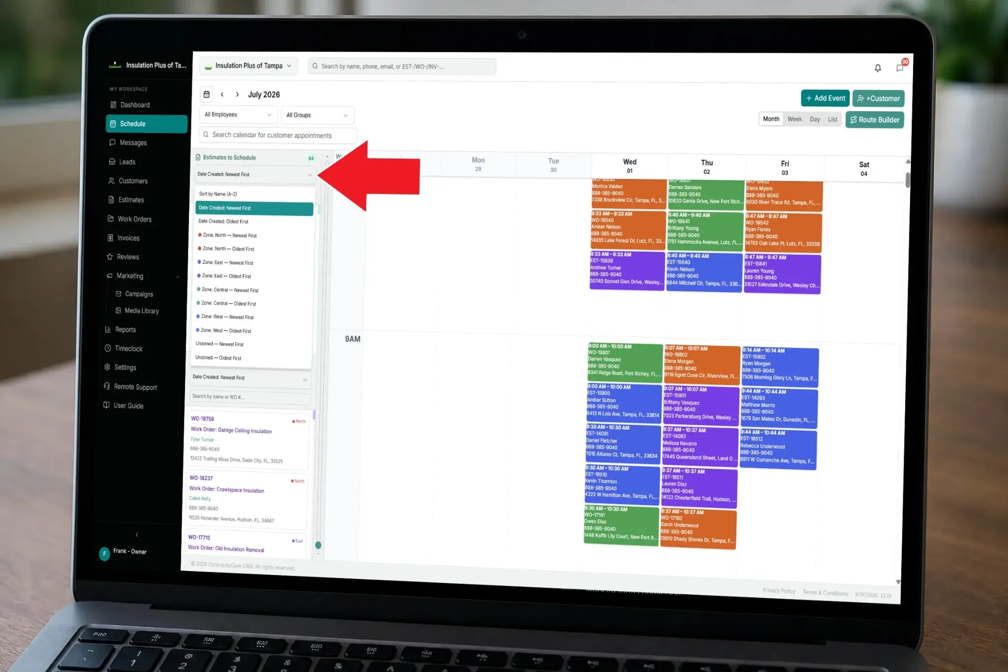 Service Area Schedule Sorting Software - Contractor Software With Service Areas - Contractor Software With Service Area Filtering — contractor scheduling software showing the zone filter dropdown with service area options
