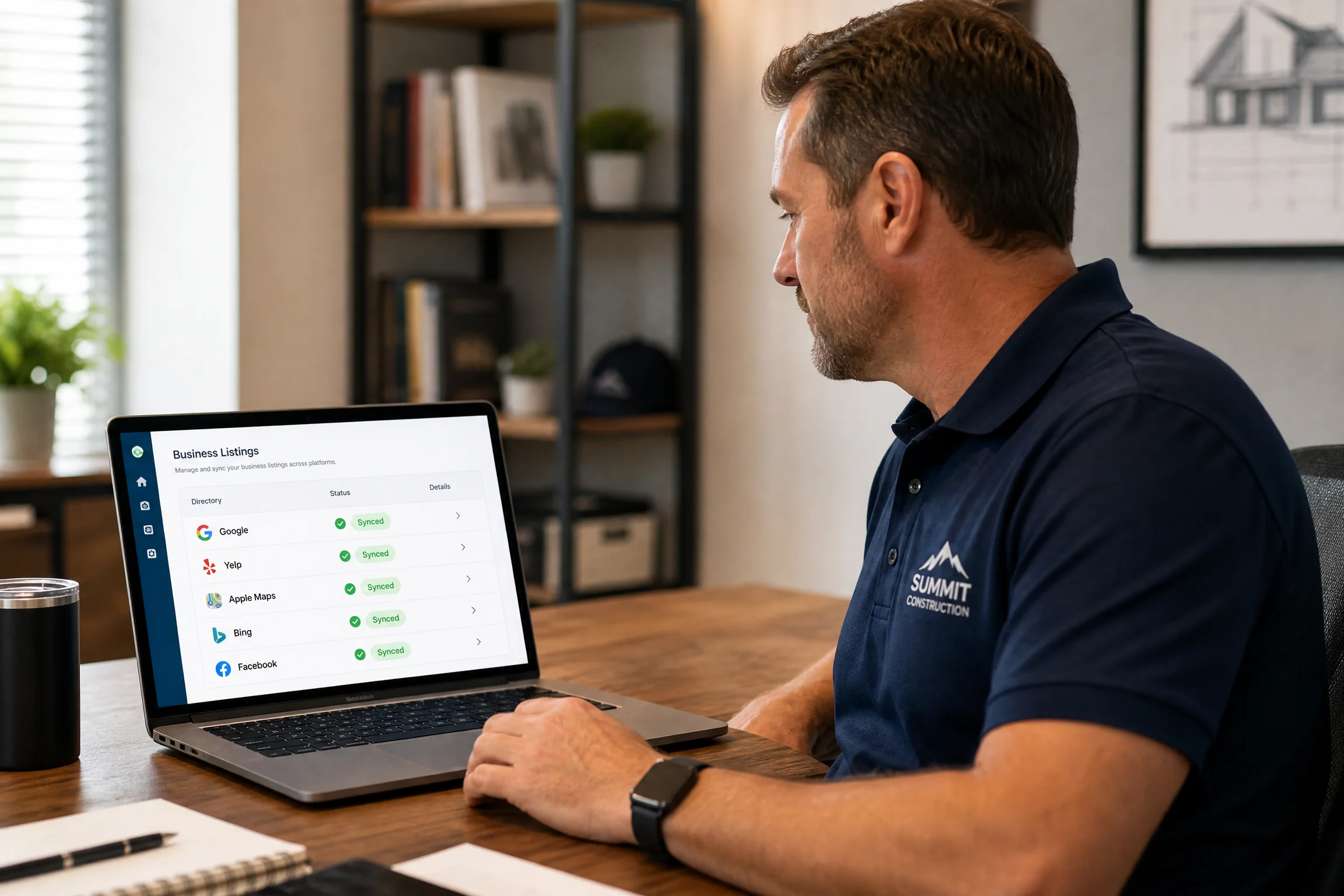Contractor business owner reviewing directory listing sync status dashboard showing Google, Yelp, Apple Maps, Bing, and Facebook all synced — Directory Listings Management, Local SEO for Contractors, Contractor CRM Software