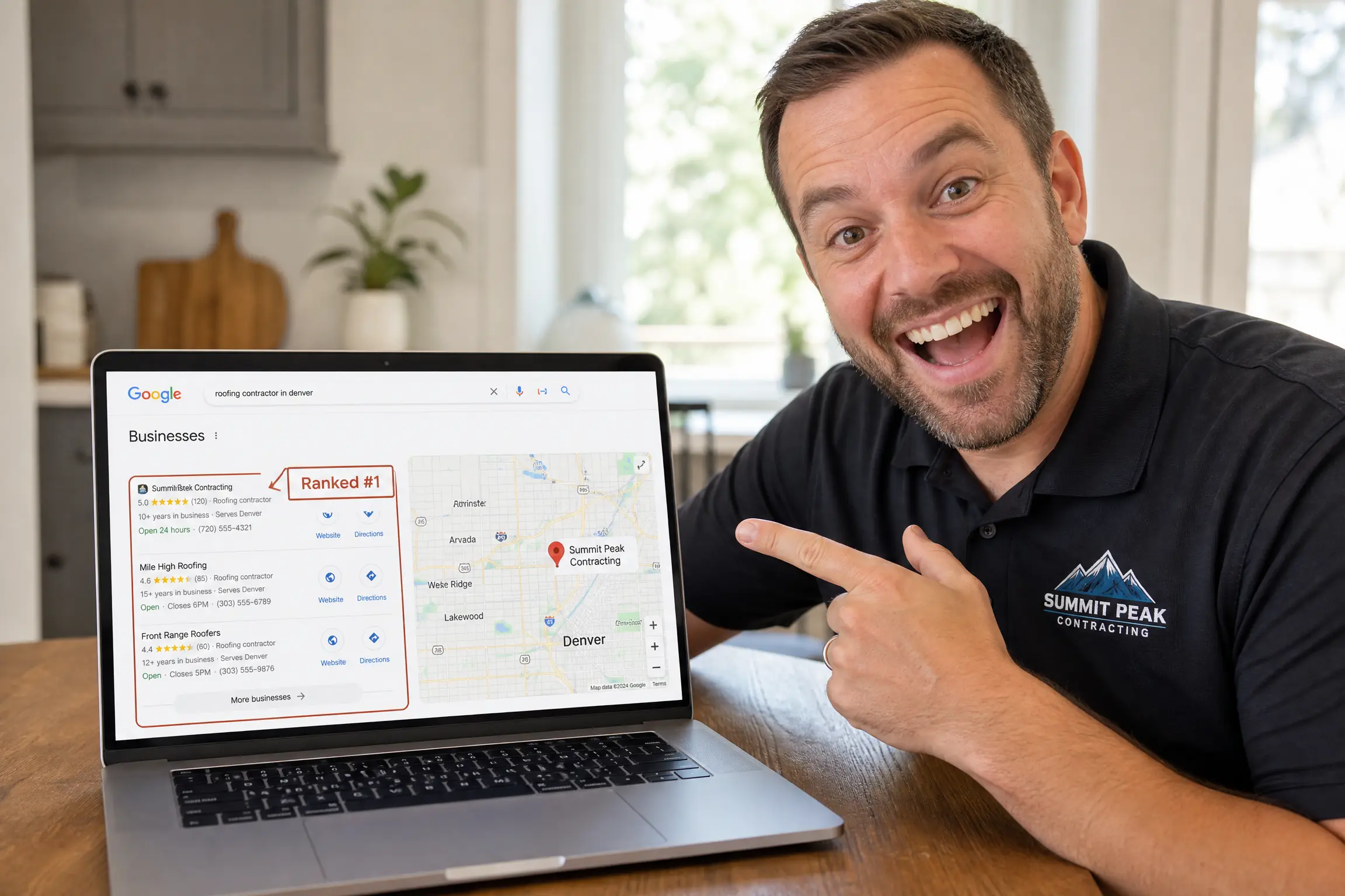 Contractor business owner pointing at laptop screen showing their business ranked #1 in Google Local Pack search results — Local Rank Tracking, Contractor SEO Ranking, Google Maps Ranking, Contractor CRM Software
