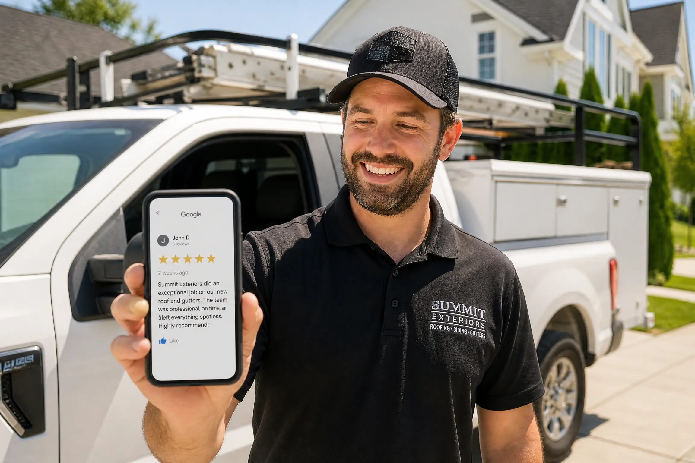 Contractor business owner reading a 5-star Google review on their smartphone standing in front of their work truck — Contractor Reputation Management, Review Management Software, Contractor CRM Software