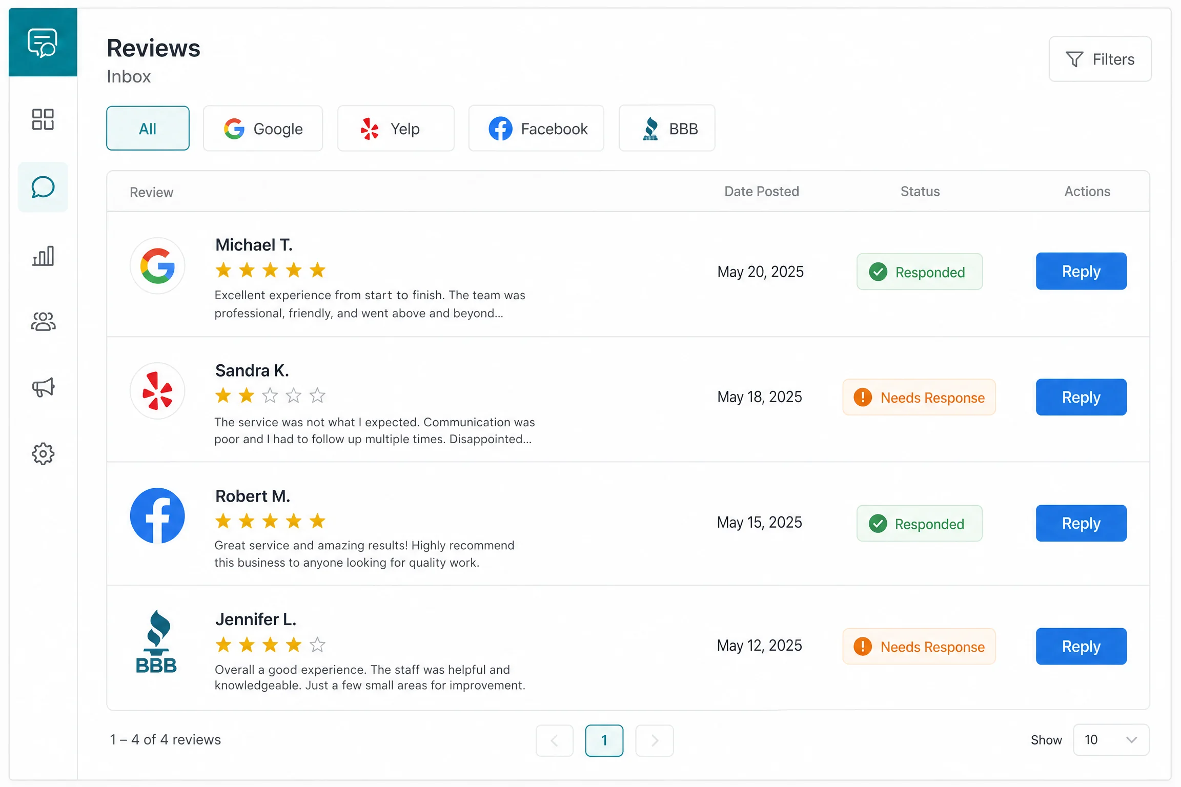 Reputation management review inbox showing reviews from Google, Yelp, Facebook, and BBB with Needs Response and Responded status badges and Reply buttons — Contractor Reputation Management, Review Management Software, Contractor CRM Software