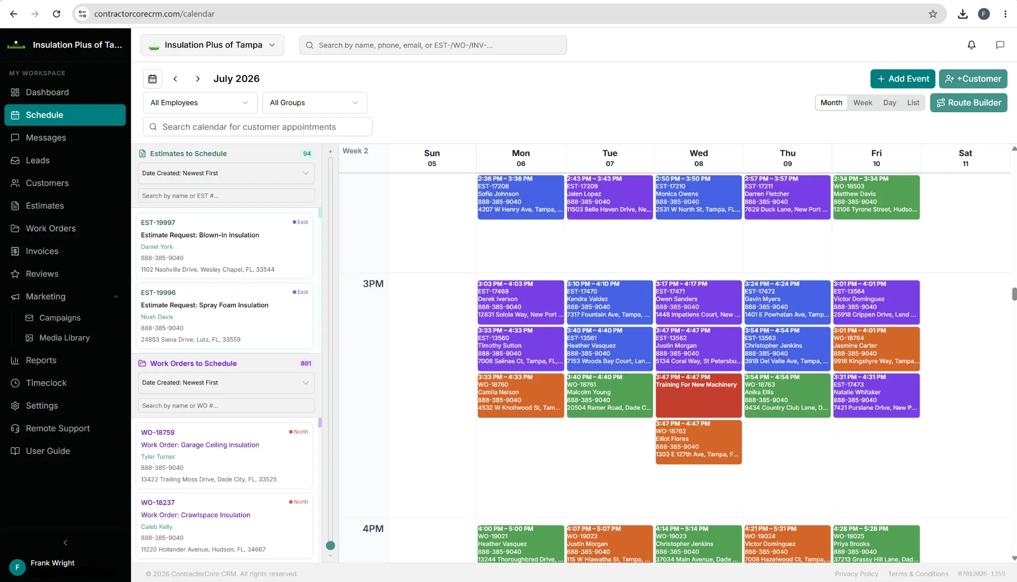 Contractor CRM Software - Contractor Core CRM - Contractor Project Management Software — ContractorCore scheduling calendar showing a week view with multiple color-coded crew appointments and group filter dropdown